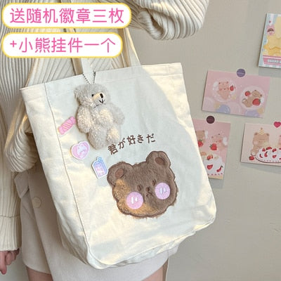 Cartoon Shoulder Bag Women Canvas Large Capacity Cute Shopper Bags Girls Ins Fashion Casual Book Storage Schoolbag for Student