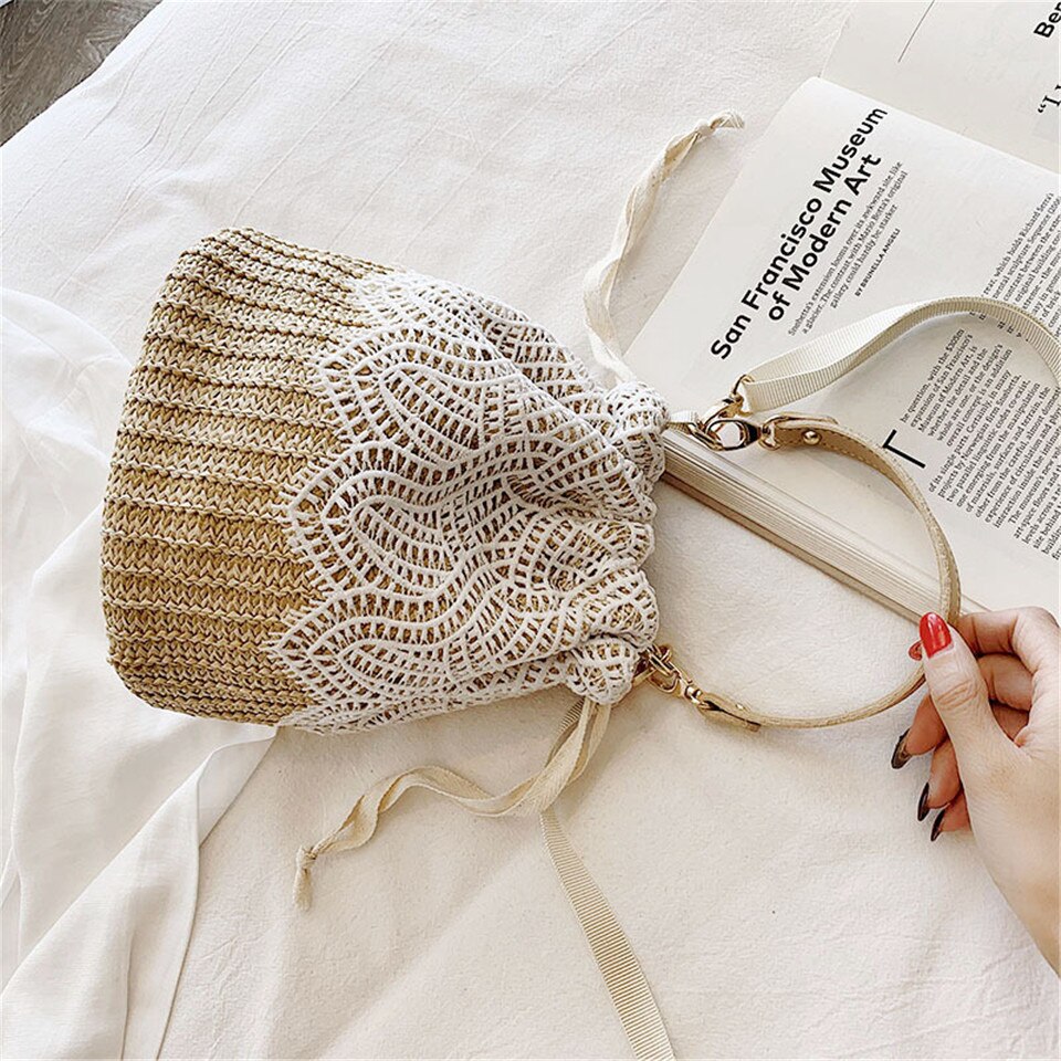 Summer Lace Woven Shoulder Fashion Bucket Women'S Bag