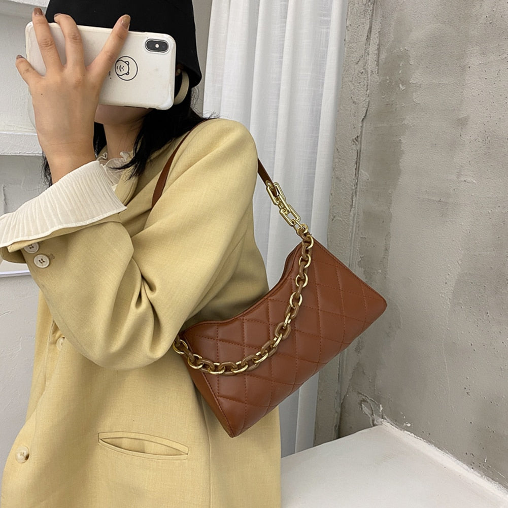 Youth Ladies Simple Versatile Bag Women Lattice Pattern Shoulder Underarm Bag PU Portable Chain Handbags Totes New Fashion
