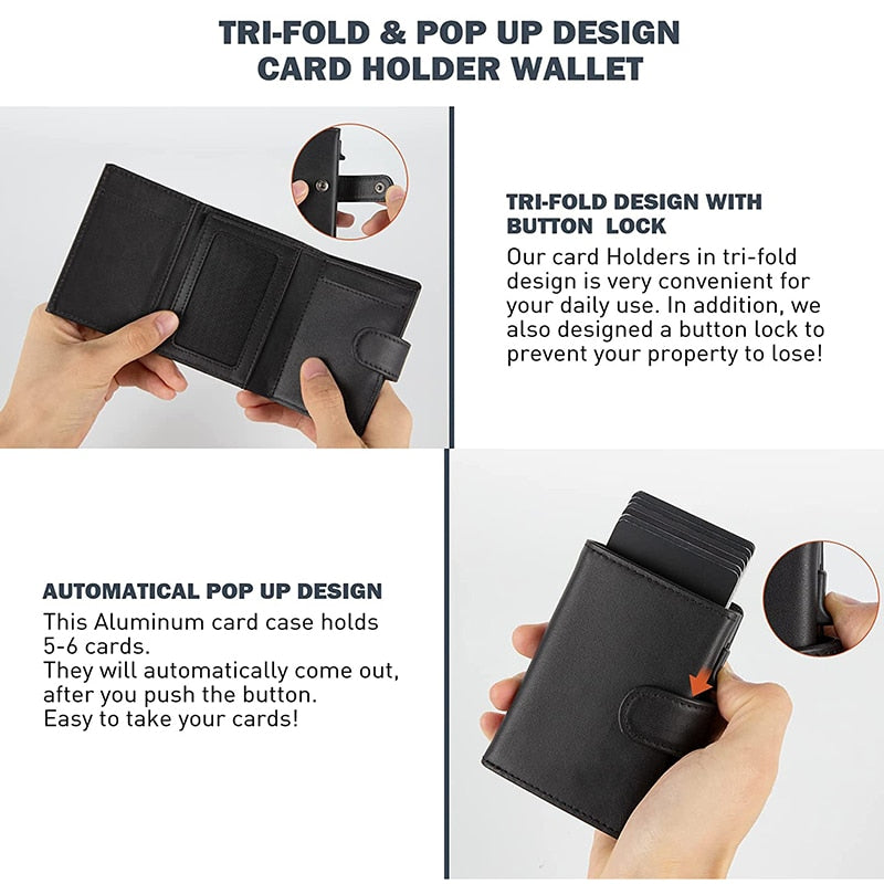 Card Holder Wallet Slim Minimalist Pop Up Leather Men Wallets RFID Blocking Metal Bank Card Case with Coins Pocket