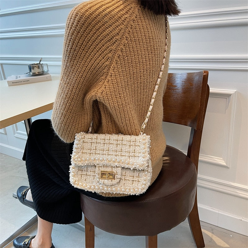 Autumn winter fashion pearls decorative plaid tweed female shoulder messenger small bags design for ladies crossbody bags