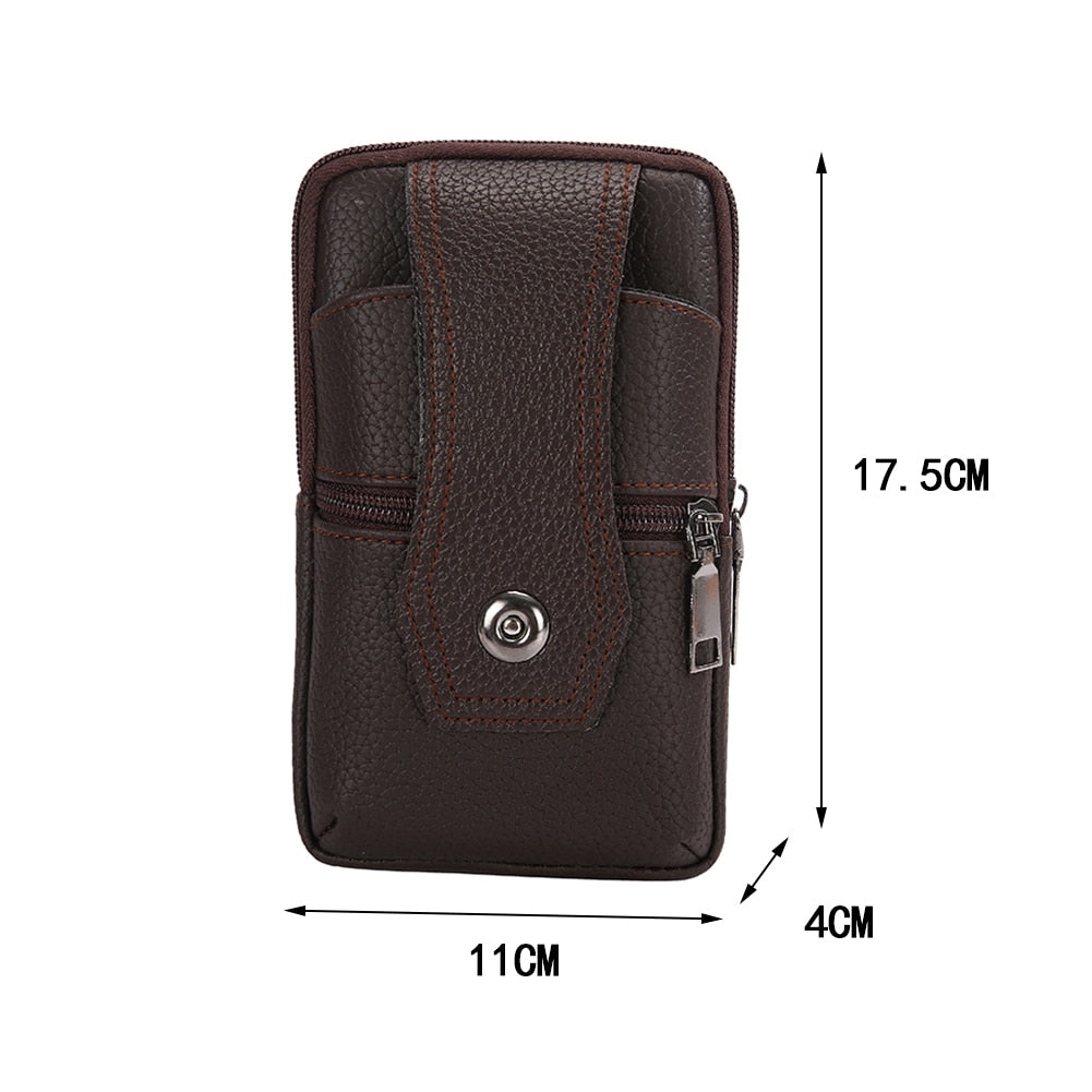 Vintage Men Solid Color PU Leather Waist Bag Casual Male Small Wallet Mobile Phone Bags Multi Layer Belt Pouch Coin Purse Cover