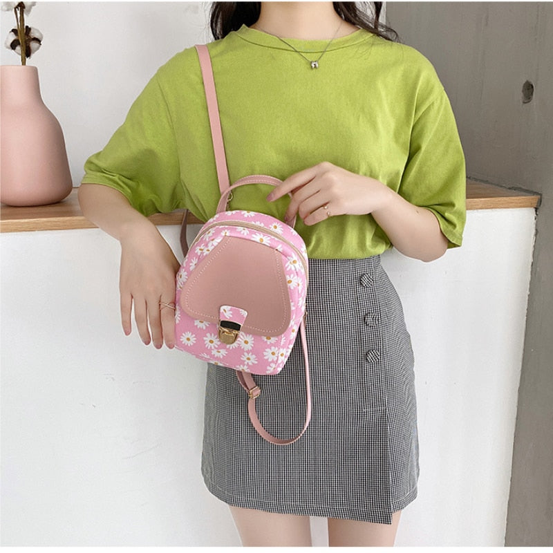 New Preppy Style Solid Women Kawaii Rucksack Simple Daisy Print Ladies Travel Bag Student School Backpacks Mini Backpack