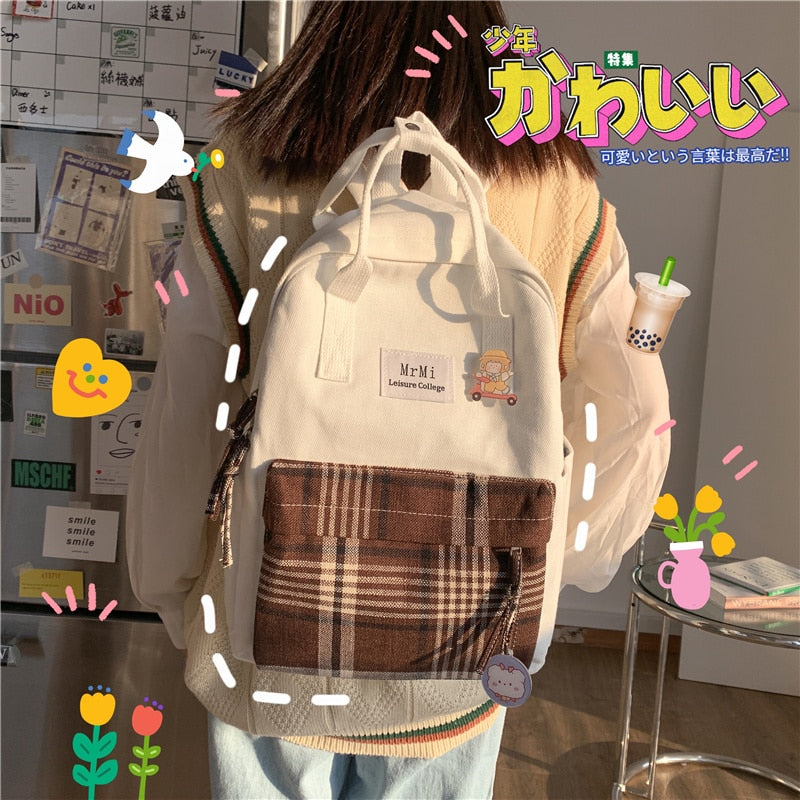 Female Canvas Backpacks for School Teenagers Girls Small Fresh Plaid School Bag Kawaii Bookbag Korean College New Mochilas