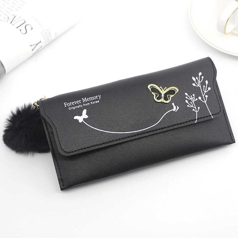 Fashionable New Women Long Wallets Pure Color Wool Ball Bow Clutch Bag Women's Long Bag Card Bag Coin Purse