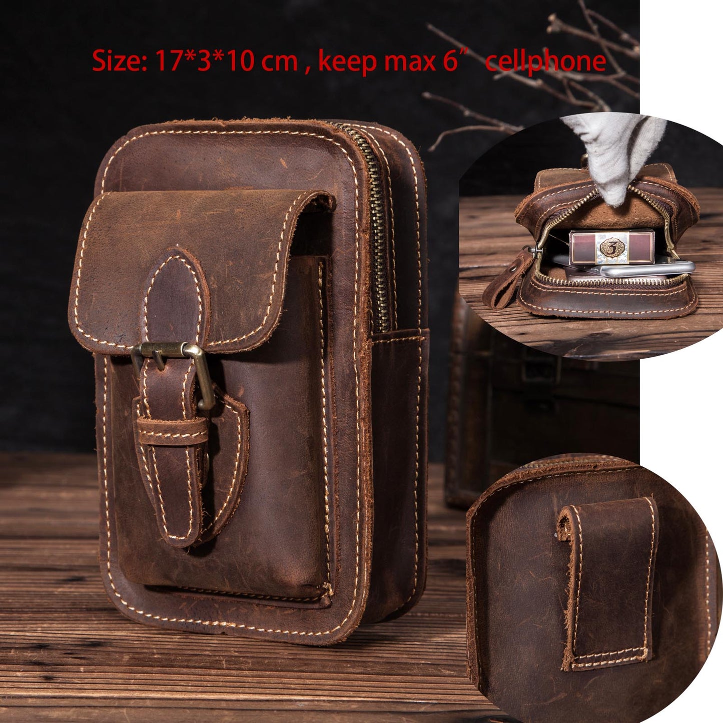 Real Leather men Casual Design Small Waist Bag Cowhide Fashion Hook Bum Bag Waist Belt Pack Cigarette Case 5.5" Phone Pouch 1609