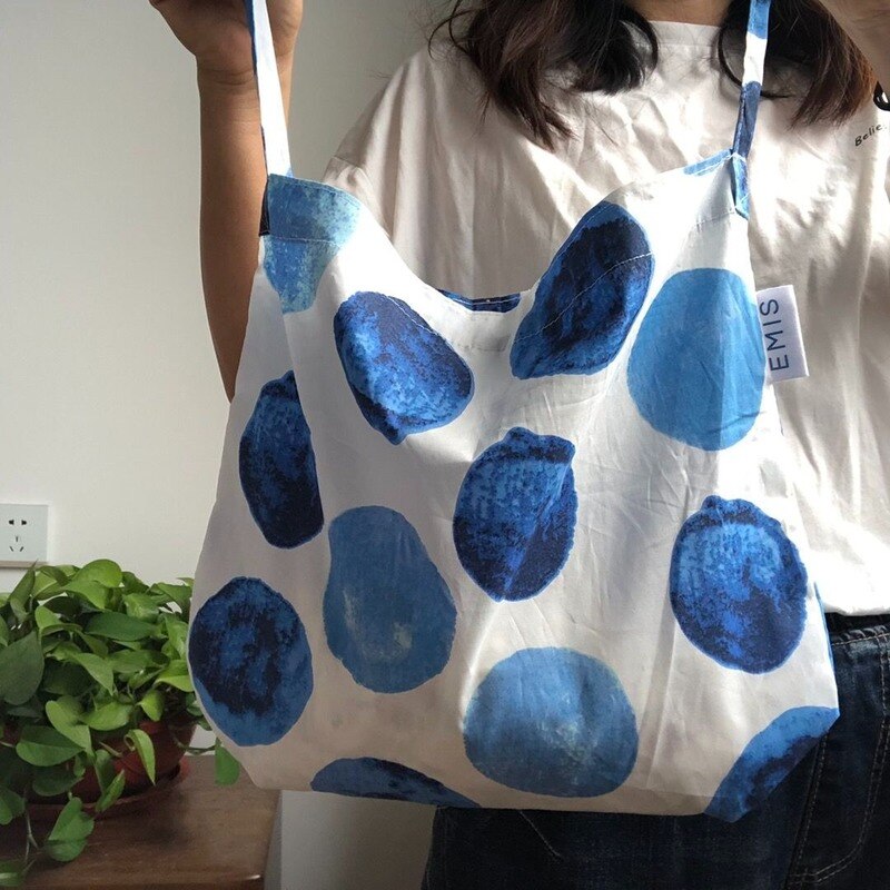 Shoulder Bags Women Cotton Large Capacity Ins Dot-print Sweet Shopping Cross-body Eco Foldable Casual Totes Female Cute Portable