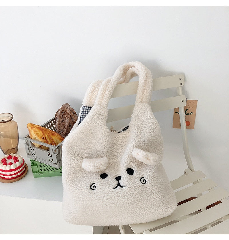 New Winter Soft Plush Tote Bag Women Cartoon Embroidery Imitation Lamb Hair Shoulder Bag For Women Shopper Bag Bolsa