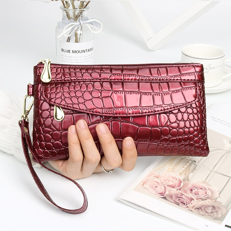 Red Black Leather Clutch Purse Women's Wallets Fallow Long Ladies Double Zipper Wallet Clutch Bag Party Design Crocodile Purses