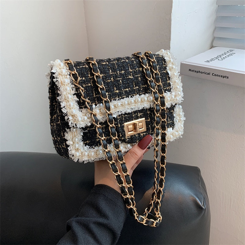 Autumn winter fashion pearls decorative plaid tweed female shoulder messenger small bags design for ladies crossbody bags