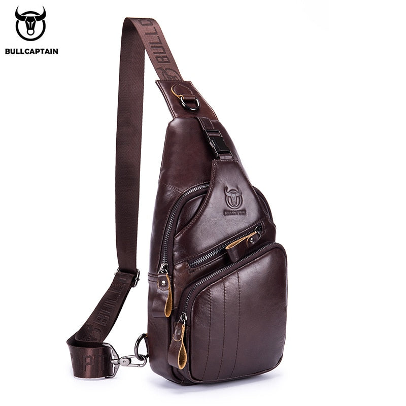 BULLCAPTAIN Leather Chest Bag Men's Casual Messenger Bag Fashion Men's Chest Bag Large Capacity Business Chest Bags