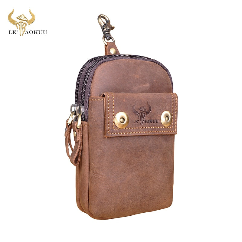 Real Leather men Casual Design Small Waist Bag Cowhide Fashion Hook Bum Bag Waist Belt Pack Cigarette Case 5.5" Phone Pouch 1609