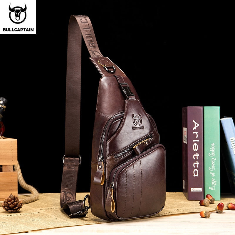 BULLCAPTAIN Leather Chest Bag Men's Casual Messenger Bag Fashion Men's Chest Bag Large Capacity Business Chest Bags