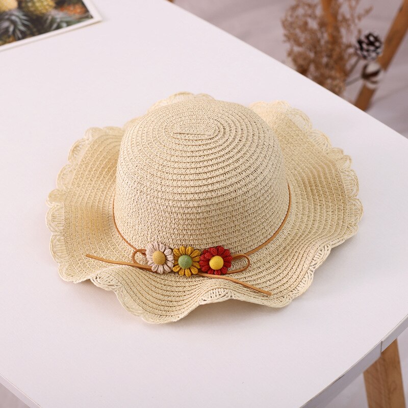 Kids Girls Large Wide Brim Straw Woven Sun Protection Beach Hat Colorful Flowers Summer Floppy Bucket Cap Portable Mini Handbag