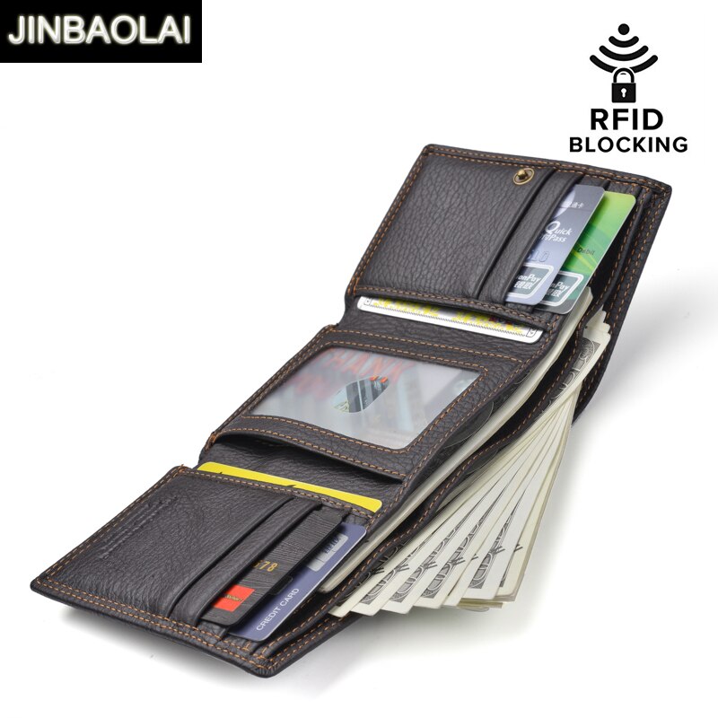 JINBAOLAI New 100% Genuine Leather Men Wallet Coin Purse RFID Blocking Wallet Men Trifold Multi-Card Card Holder Wallets Male
