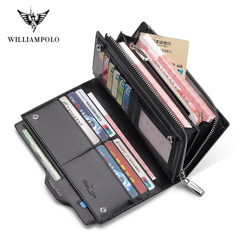WilliamPOLO Male Genuine Leather Wallets Men Wallet Credit Business Card Holders Fashion Mobile Phone Bag zipper Purse Handbag