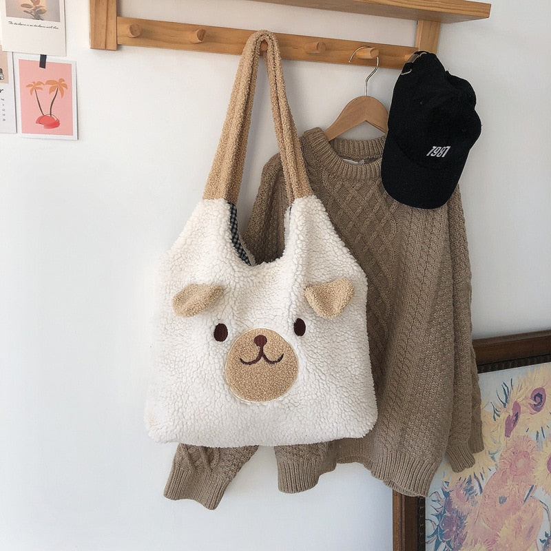 New Winter Soft Plush Tote Bag Women Cartoon Embroidery Imitation Lamb Hair Shoulder Bag For Women Shopper Bag Bolsa