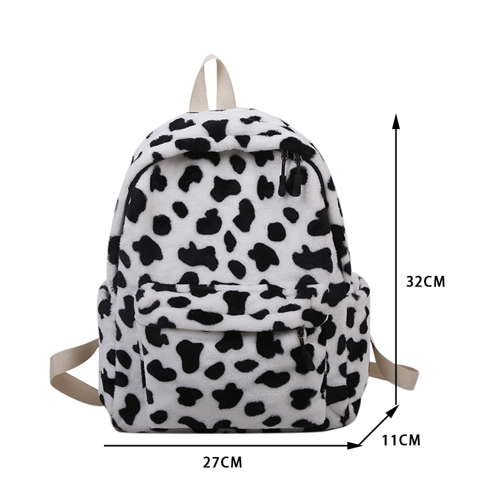 New Winter Women Warm Plush Backpack Teenager Girls School Bag Fashion Cow Print Backpacks Female Multi-Pockets Travel Bag