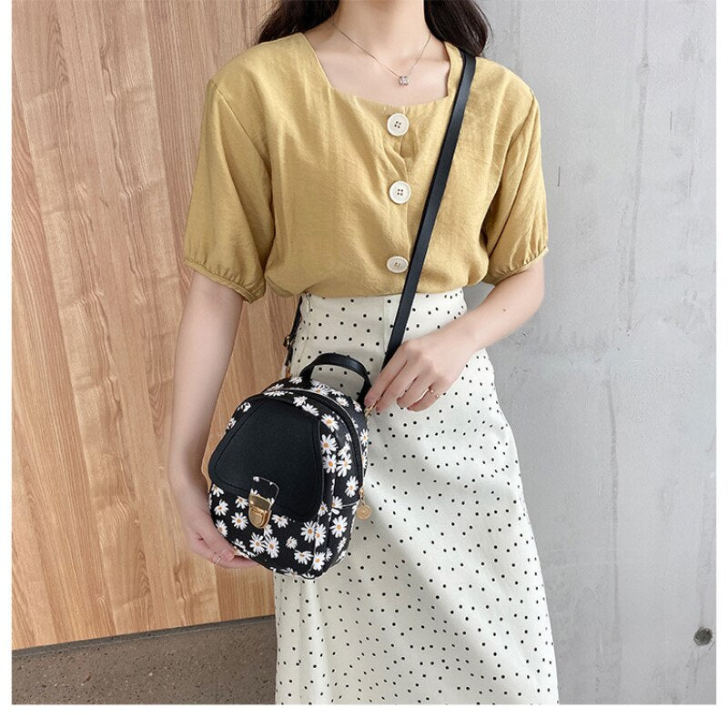 New Preppy Style Solid Women Kawaii Rucksack Simple Daisy Print Ladies Travel Bag Student School Backpacks Mini Backpack