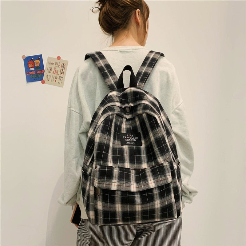 Fashion Plaid Canvas Women's Backpack Student Backpacks Teenage Girl School Bags Large Capacity Waterproof Travel Rucksack
