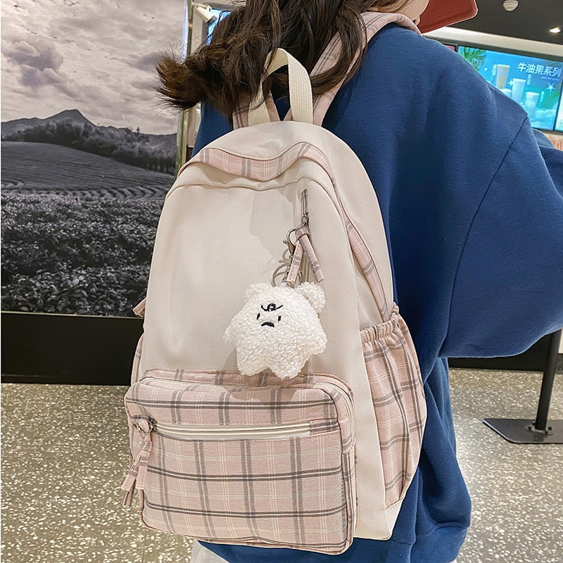 Cute Girl Lattice Travel School Bag Fashion Lady Kawaii Book Backpack Trendy College Cool Female Plaid Backpack Women Laptop Bag