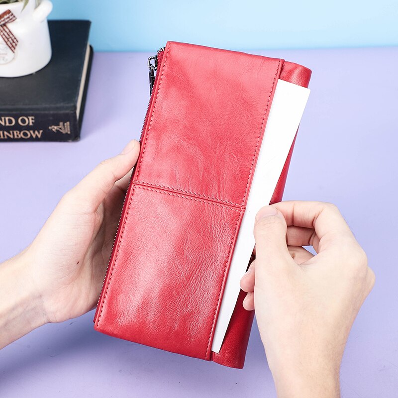 Contacts Genuine Leather Wallet For Women Clutch Long Bifold Female Purses Double Zipper Pocket Card Holder Wallets Money Bag