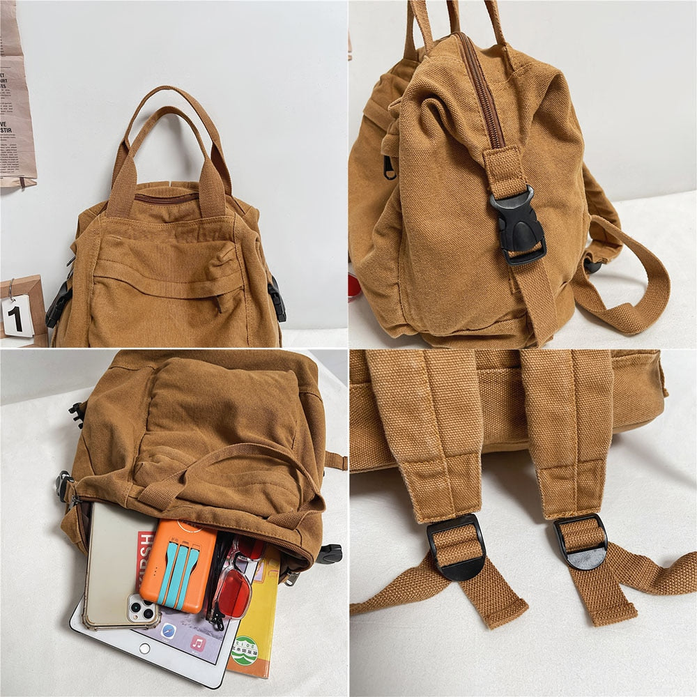 School Bag Student Shoulders Large Capacity Khaki Backpack Fashion Canvas Backpacks Female College Teen Computer Bag Mochila