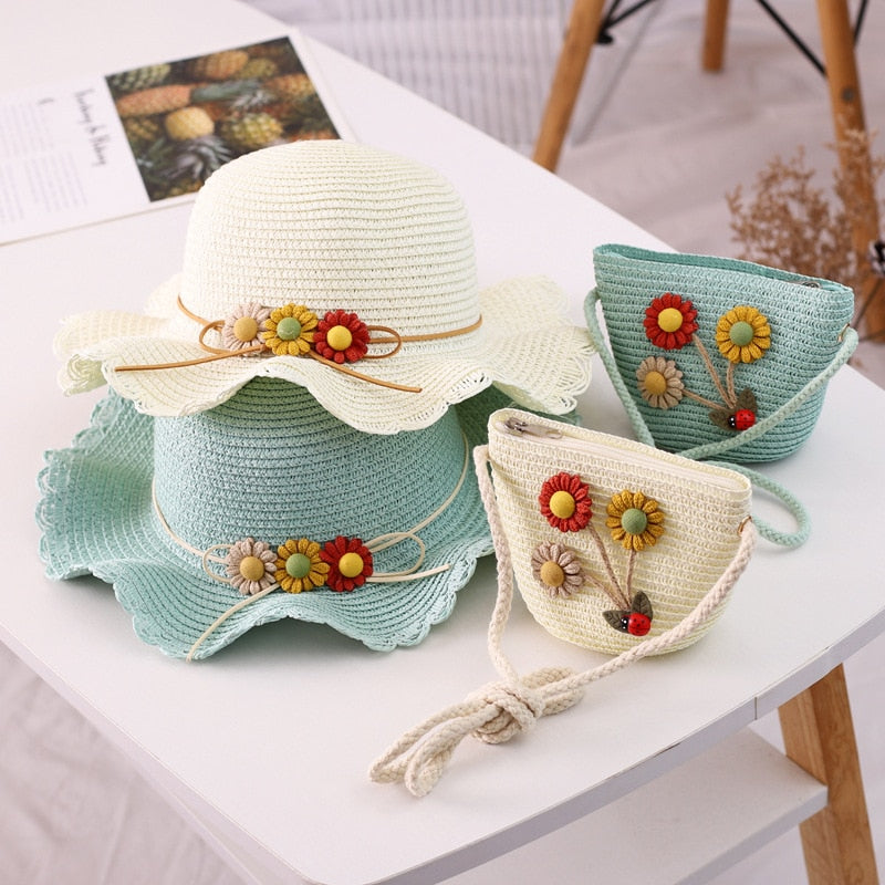 Kids Girls Large Wide Brim Straw Woven Sun Protection Beach Hat Colorful Flowers Summer Floppy Bucket Cap Portable Mini Handbag
