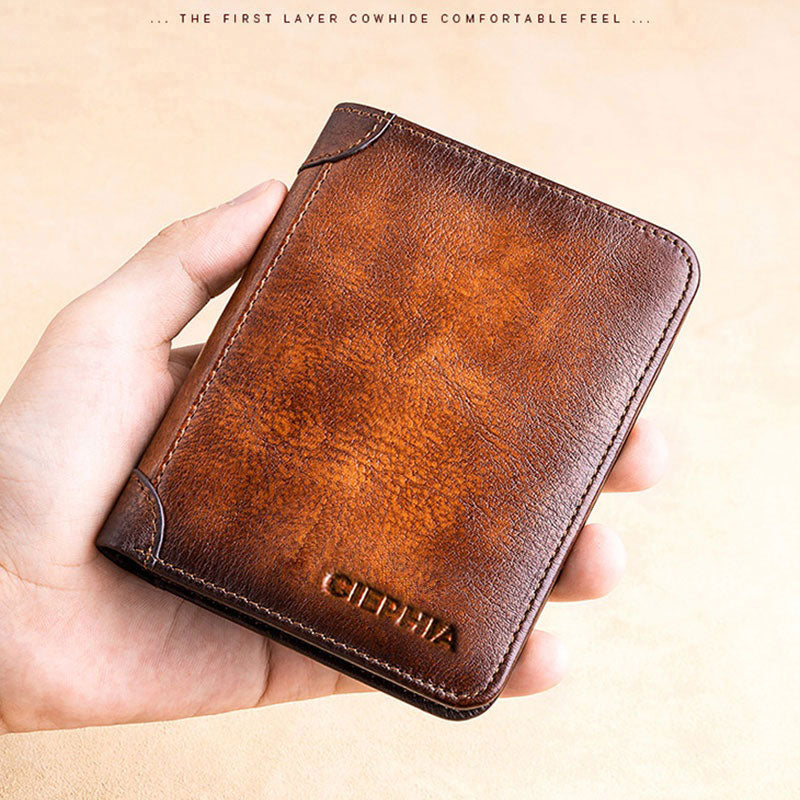 New Genuine Leather Rfid Wallets for Men Vintage Thin Short Multi Function ID Credit Card Holder Money Bag