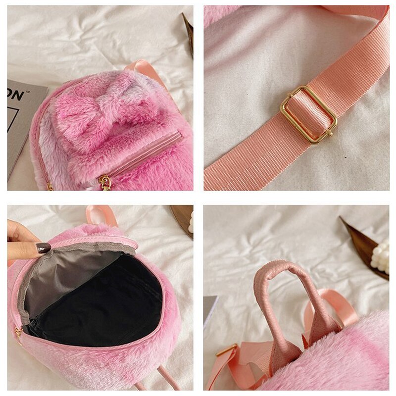 Bow Soft Fluffy Bags Plush Women Backpacks Furry Bags For Women Faux Fur Shoulders Bag Cute New Winter Bags Mini Backpack Kids