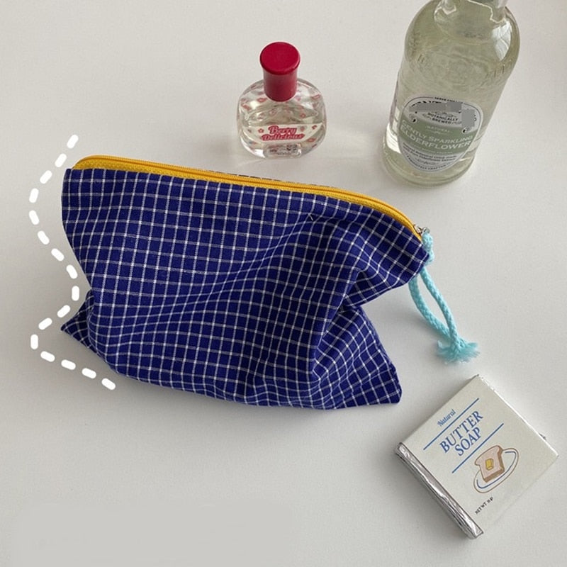 Women Plaid Makeup Bag Fashion Cotton Zipper Pouch Multipurpose for Women Travel Bath Cosmetic Bags Organizer Toiletry Wash Bag