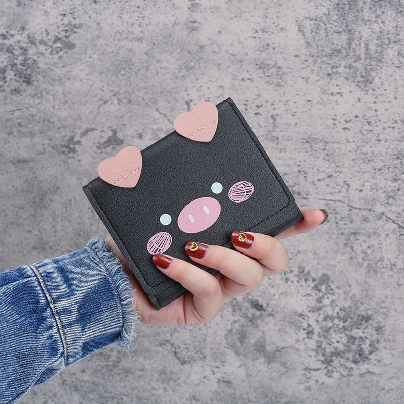 Short Wallets Student Cute Cartoom Purses Women Fashion Pattern Women's Mini Solid Color Tri-fold Student Wallet Card Holder