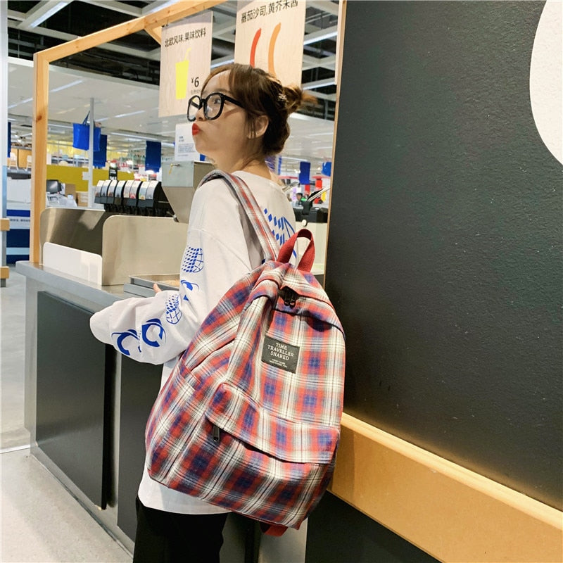 Fashion Plaid Canvas Women's Backpack Student Backpacks Teenage Girl School Bags Large Capacity Waterproof Travel Rucksack