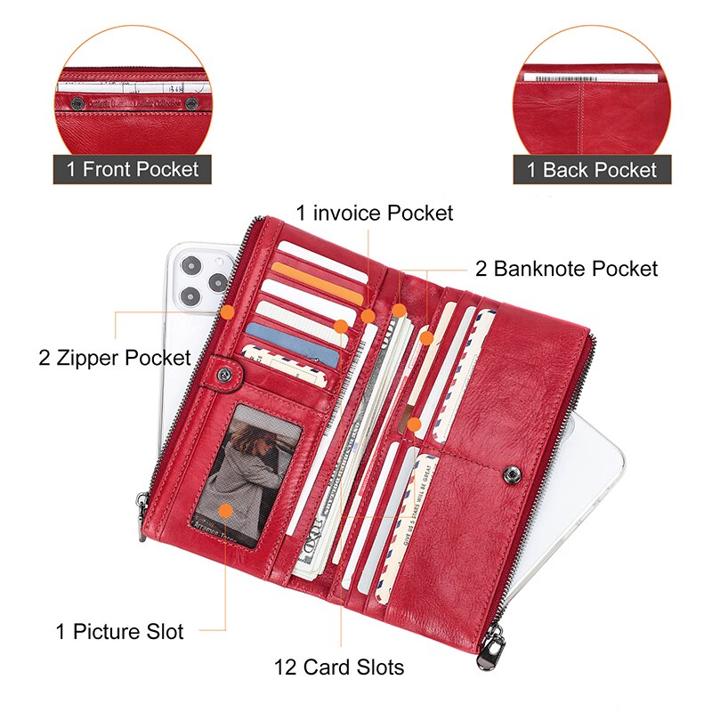 Contacts Genuine Leather Wallet For Women Clutch Long Bifold Female Purses Double Zipper Pocket Card Holder Wallets Money Bag
