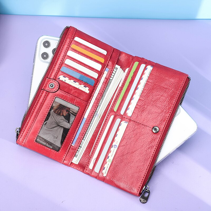 Contacts Genuine Leather Wallet For Women Clutch Long Bifold Female Purses Double Zipper Pocket Card Holder Wallets Money Bag