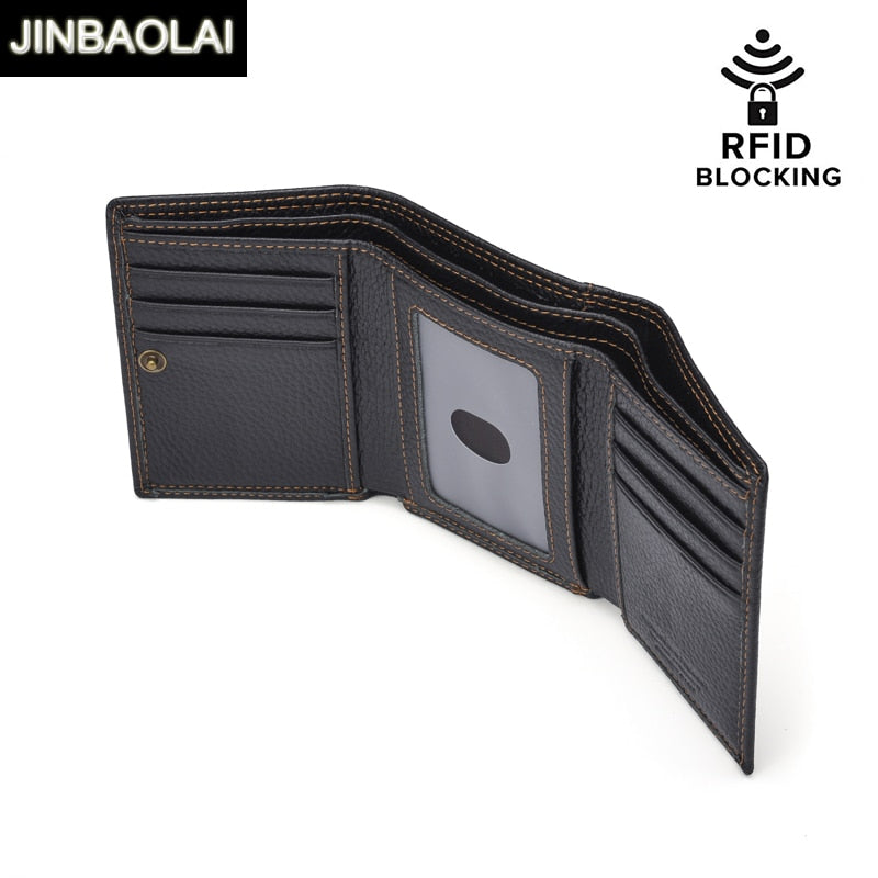 JINBAOLAI New 100% Genuine Leather Men Wallet Coin Purse RFID Blocking Wallet Men Trifold Multi-Card Card Holder Wallets Male