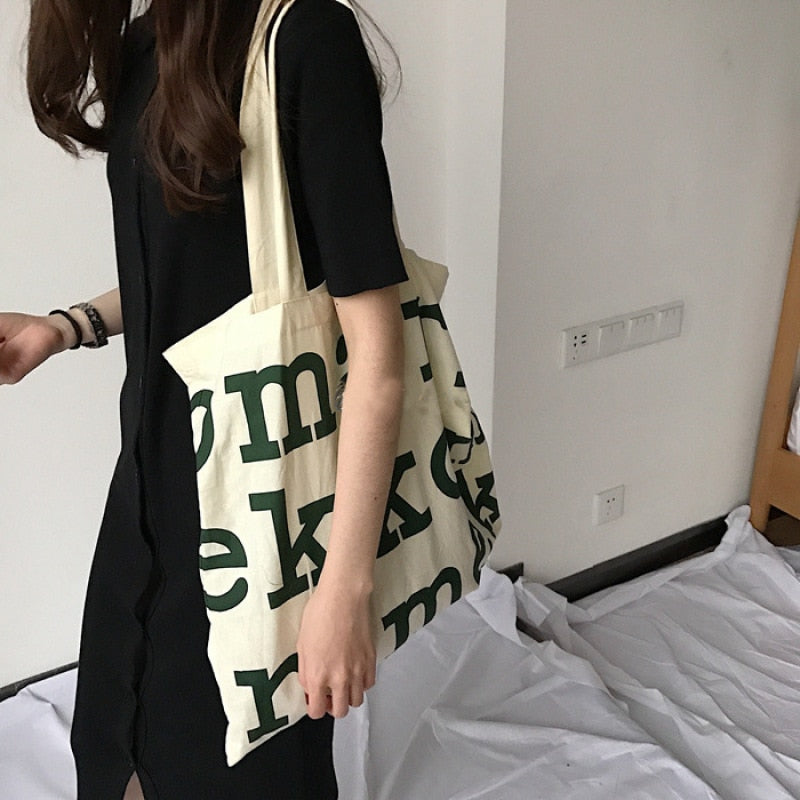 Women Canvas Fabric Shoulder Tote Bag Cotton Creative Letters Handbags Large Capacity Soft Shopping Bags Girls Cute School Bag