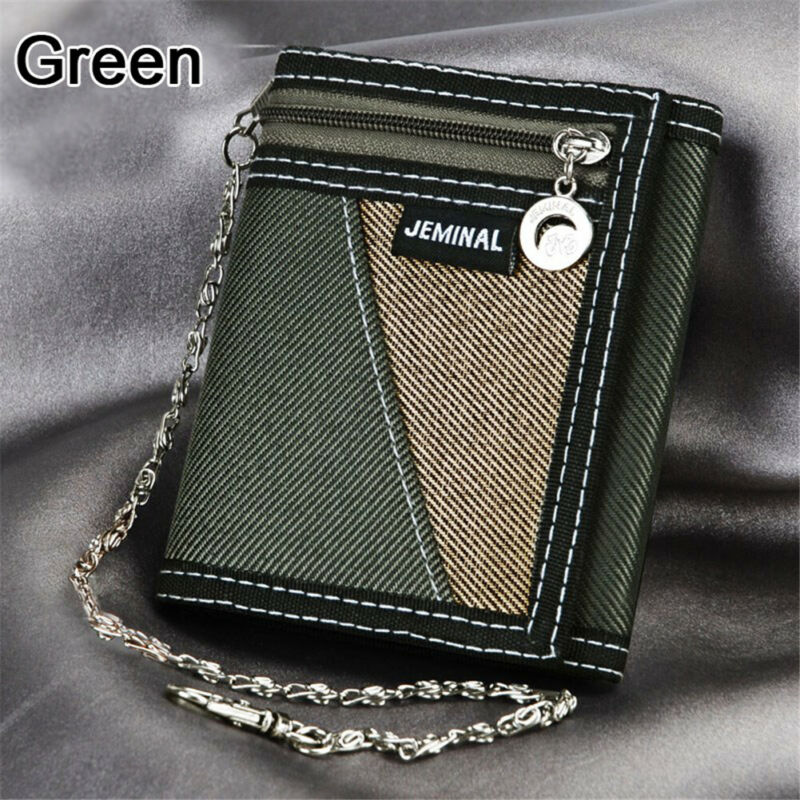 New Fashion Men Boys Girls Plain Canvas Tri-Fold Wallet Card Cash Wallet with Chain