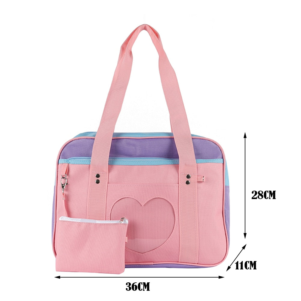 Fashion Cute Women Transparent Love Heart Patchwork Canvas Shoulder Bags Casual Ladies Large Capacity Travel Handbags Totes