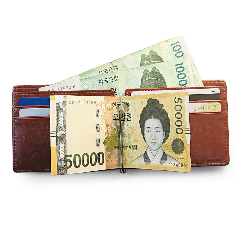 New arrival Slim Men's Leather Money Clip Wallet With Coin Pocket Bank Card Slots A Metal Clamp Cash Holder Purse For Man