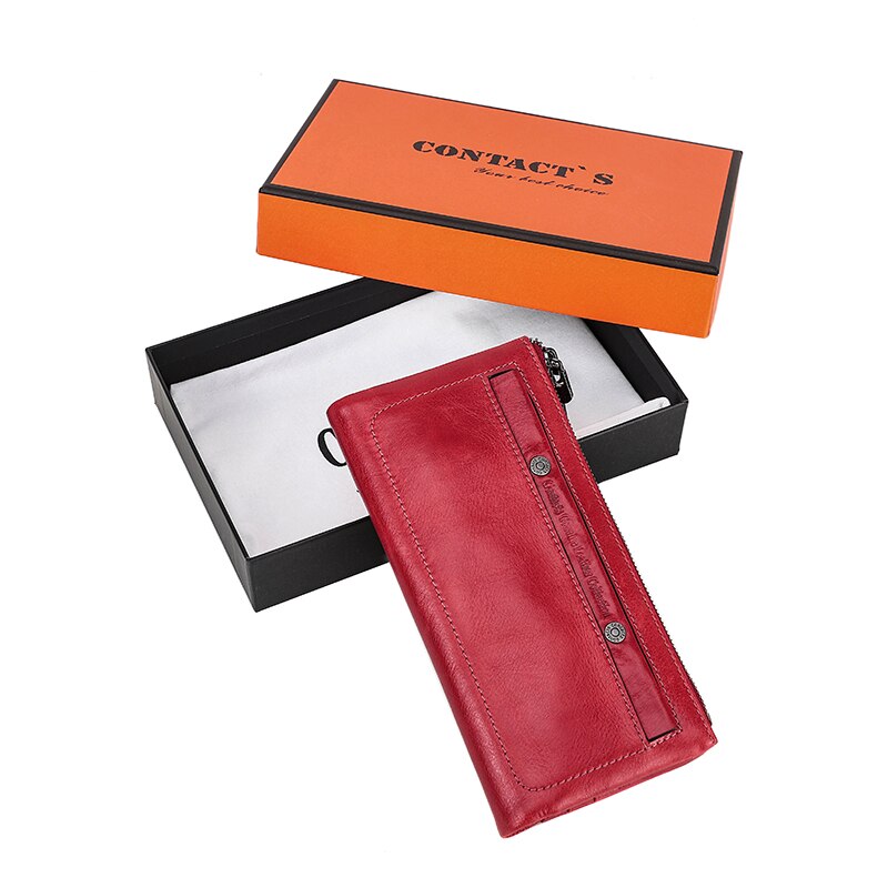 Contacts Genuine Leather Wallet For Women Clutch Long Bifold Female Purses Double Zipper Pocket Card Holder Wallets Money Bag
