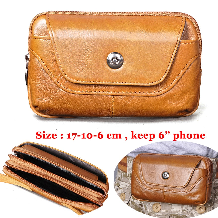 Real Leather men Casual Design Small Waist Bag Cowhide Fashion Hook Bum Bag Waist Belt Pack Cigarette Case 5.5" Phone Pouch 1609