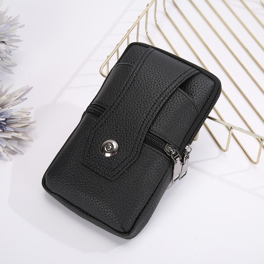 Vintage Men Solid Color PU Leather Waist Bag Casual Male Small Wallet Mobile Phone Bags Multi Layer Belt Pouch Coin Purse Cover