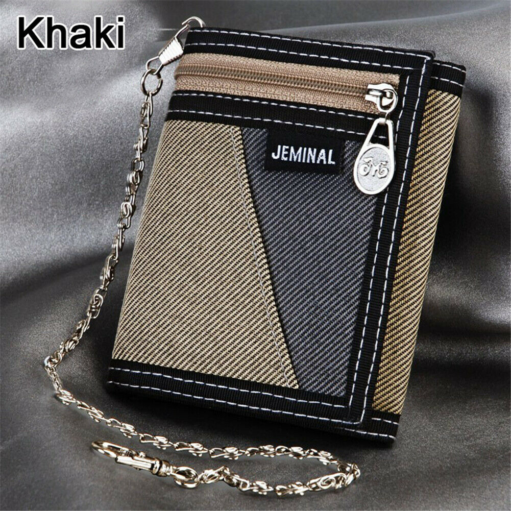 New Fashion Men Boys Girls Plain Canvas Tri-Fold Wallet Card Cash Wallet with Chain