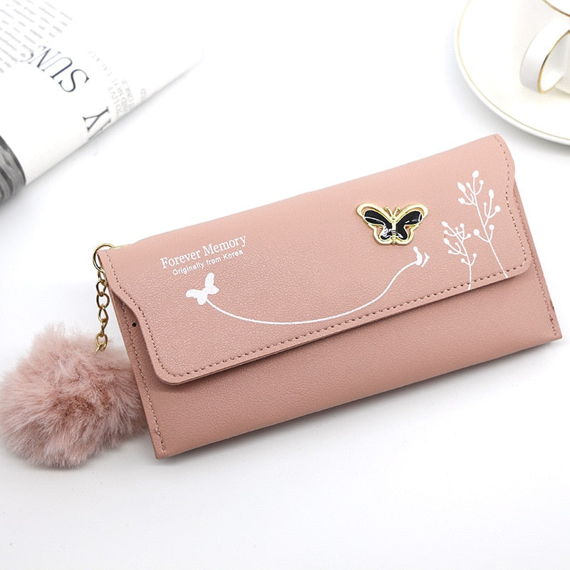 Fashionable New Women Long Wallets Pure Color Wool Ball Bow Clutch Bag Women's Long Bag Card Bag Coin Purse