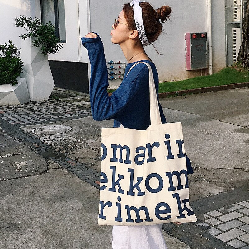Women Canvas Fabric Shoulder Tote Bag Cotton Creative Letters Handbags Large Capacity Soft Shopping Bags Girls Cute School Bag