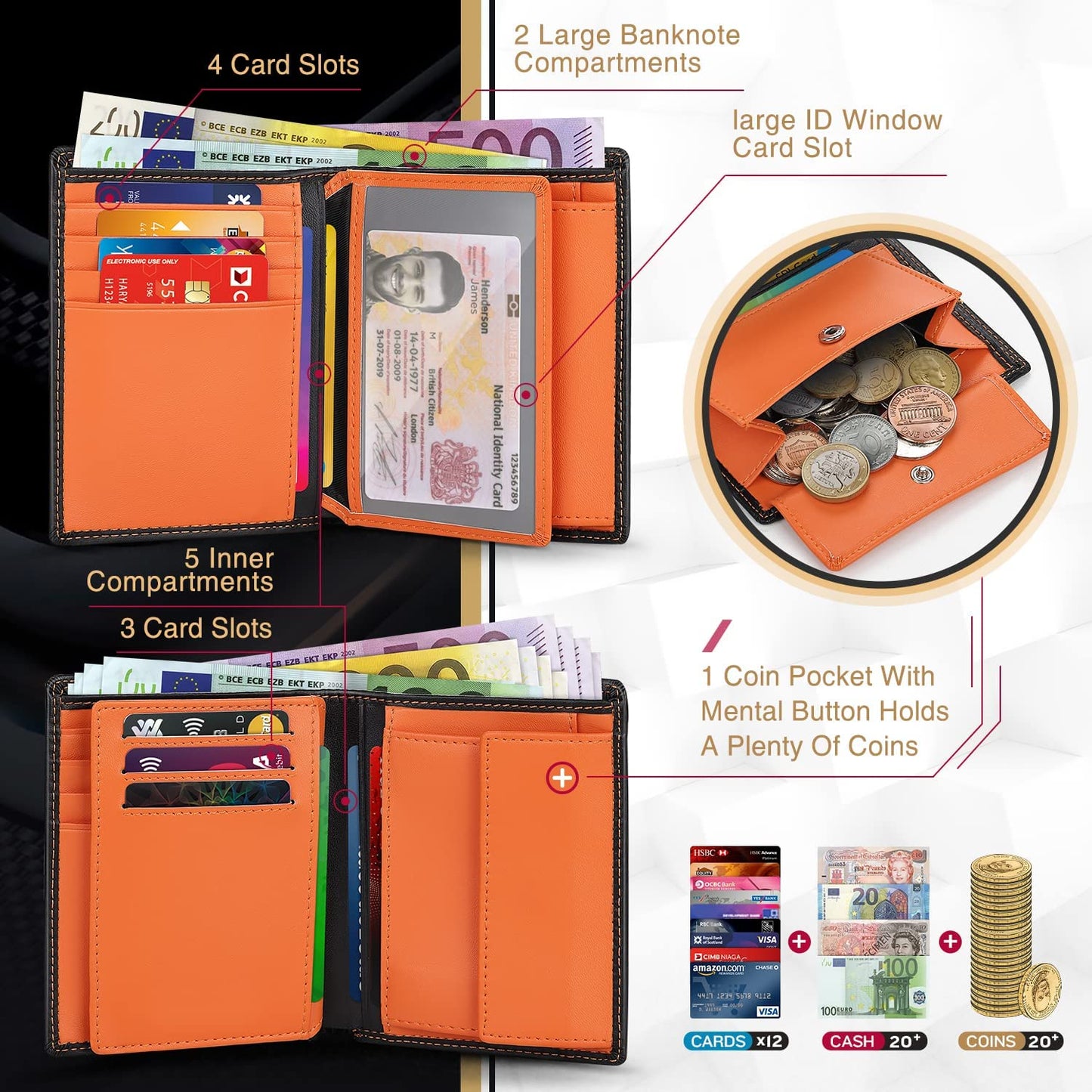 TEEHON Wallets Mens RFID Blocking Genuine Leather with 12 Credit Card Holders Coin Pocket 2 Banknote Compartments ID Window