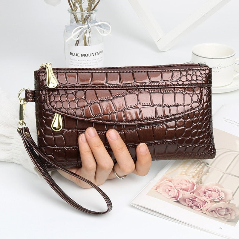 Red Black Leather Clutch Purse Women's Wallets Fallow Long Ladies Double Zipper Wallet Clutch Bag Party Design Crocodile Purses