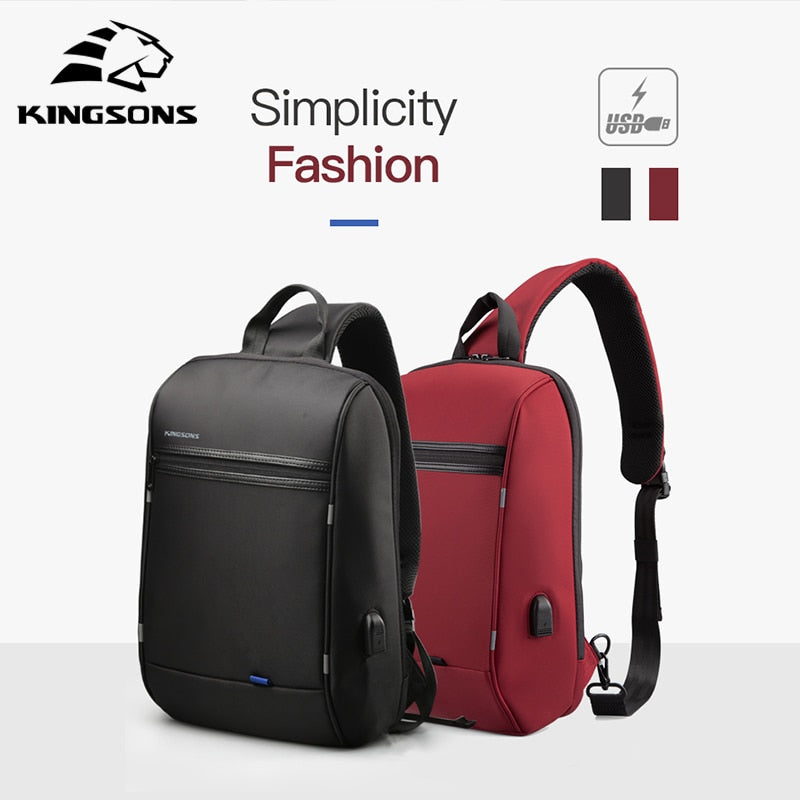 Kingsons 13'' Chest Bag Black Single Shoulder Bags With USB Charging Waterproof Nylon Crossbody Bags Messenger Bags Hot-selling