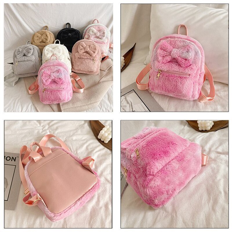 Bow Soft Fluffy Bags Plush Women Backpacks Furry Bags For Women Faux Fur Shoulders Bag Cute New Winter Bags Mini Backpack Kids